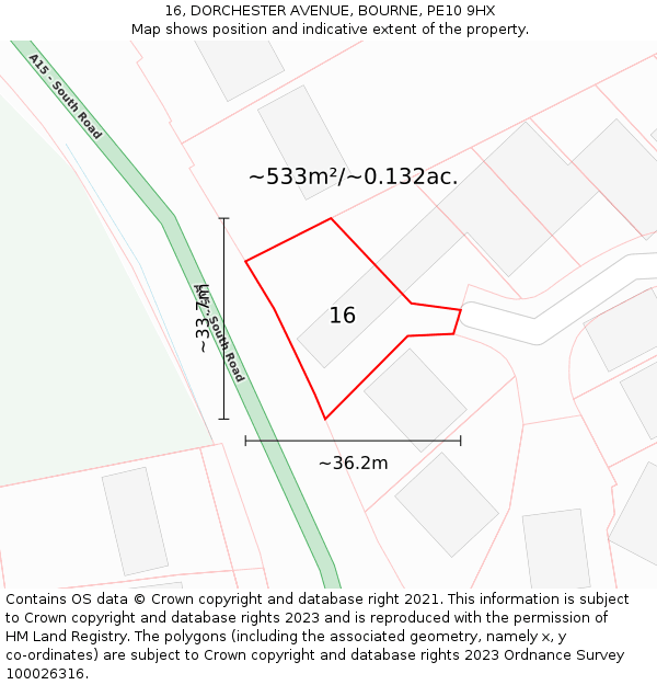 16, DORCHESTER AVENUE, BOURNE, PE10 9HX: Plot and title map