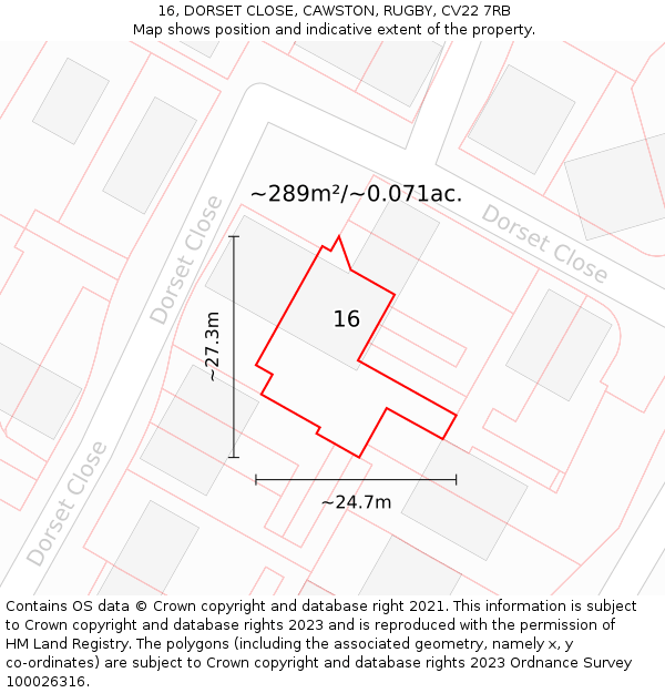 16, DORSET CLOSE, CAWSTON, RUGBY, CV22 7RB: Plot and title map