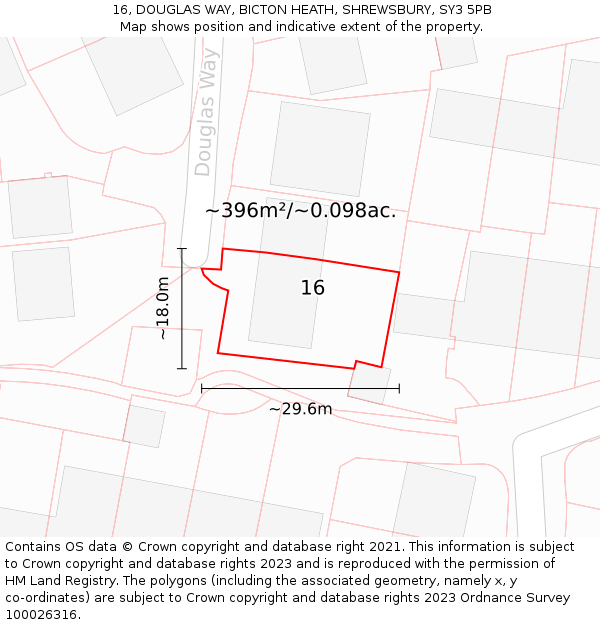 16, DOUGLAS WAY, BICTON HEATH, SHREWSBURY, SY3 5PB: Plot and title map