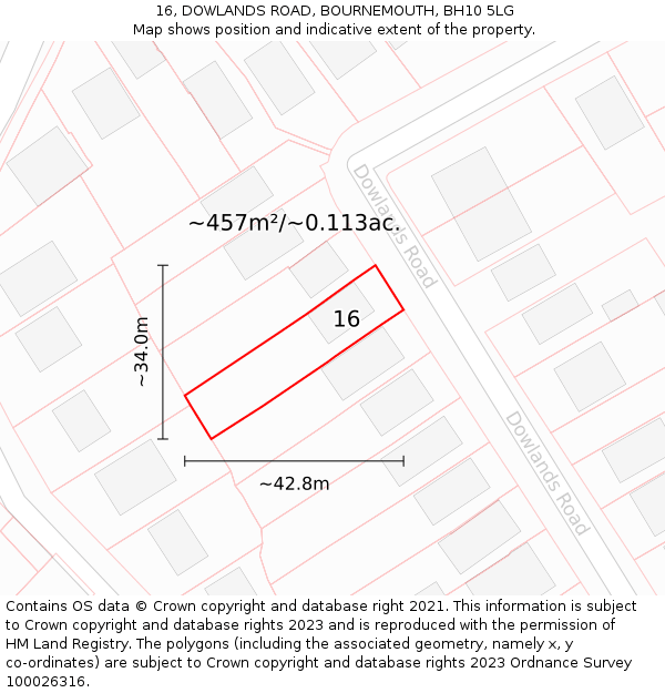 16, DOWLANDS ROAD, BOURNEMOUTH, BH10 5LG: Plot and title map