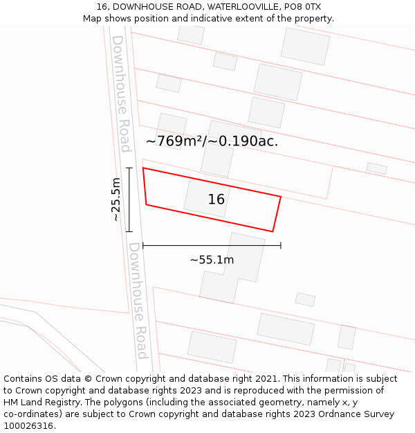 16, DOWNHOUSE ROAD, WATERLOOVILLE, PO8 0TX: Plot and title map