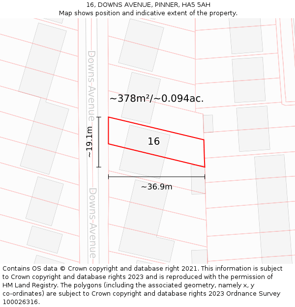 16, DOWNS AVENUE, PINNER, HA5 5AH: Plot and title map