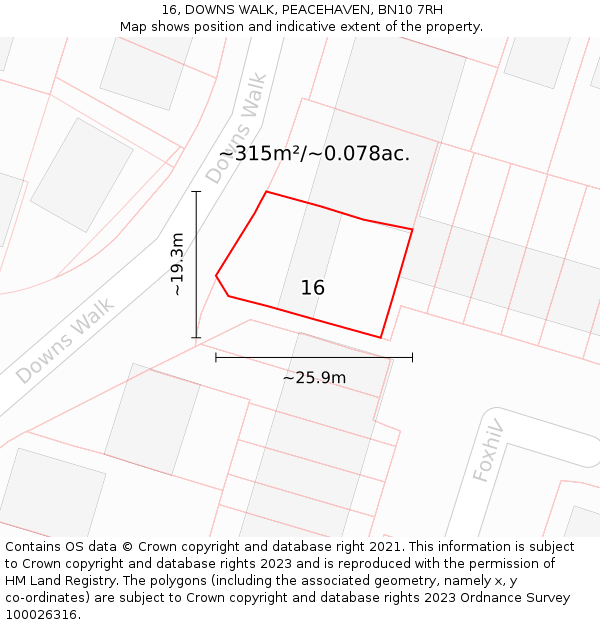 16, DOWNS WALK, PEACEHAVEN, BN10 7RH: Plot and title map