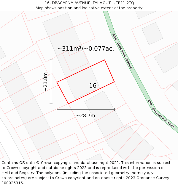 16, DRACAENA AVENUE, FALMOUTH, TR11 2EQ: Plot and title map