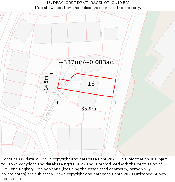 16, DRAYHORSE DRIVE, BAGSHOT, GU19 5RF: Plot and title map