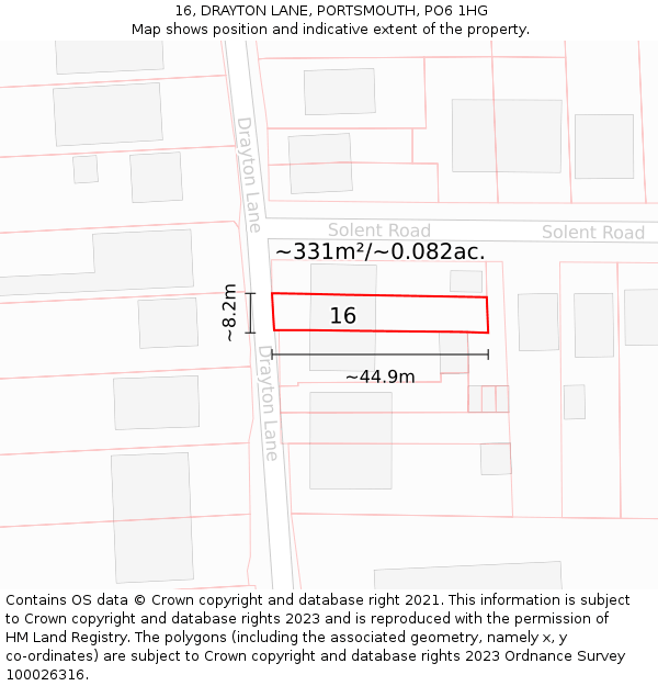 16, DRAYTON LANE, PORTSMOUTH, PO6 1HG: Plot and title map