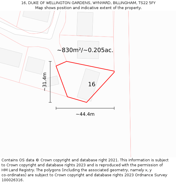 16, DUKE OF WELLINGTON GARDENS, WYNYARD, BILLINGHAM, TS22 5FY: Plot and title map