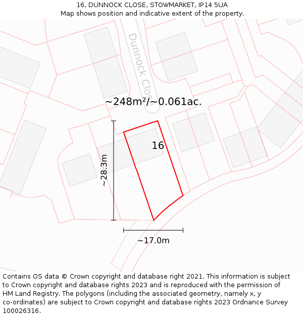 16, DUNNOCK CLOSE, STOWMARKET, IP14 5UA: Plot and title map