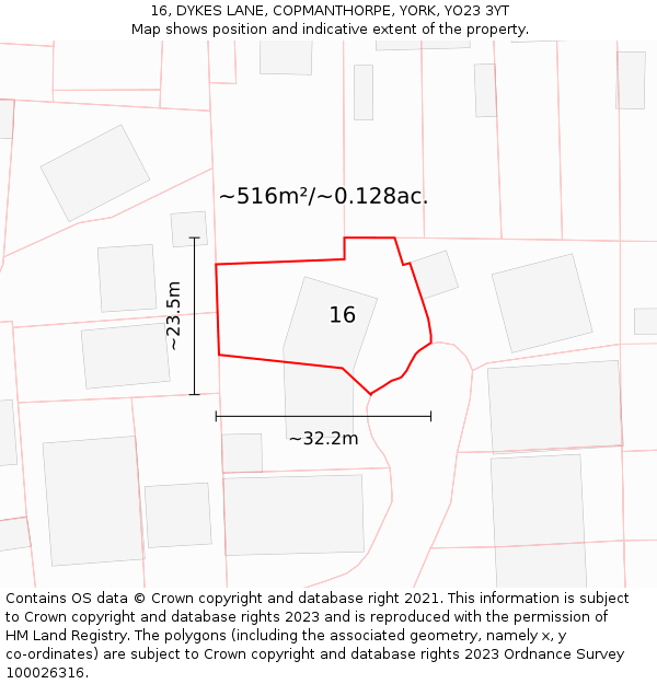 16, DYKES LANE, COPMANTHORPE, YORK, YO23 3YT: Plot and title map