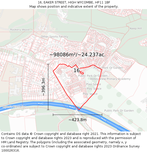 16, EAKER STREET, HIGH WYCOMBE, HP11 1BF: Plot and title map