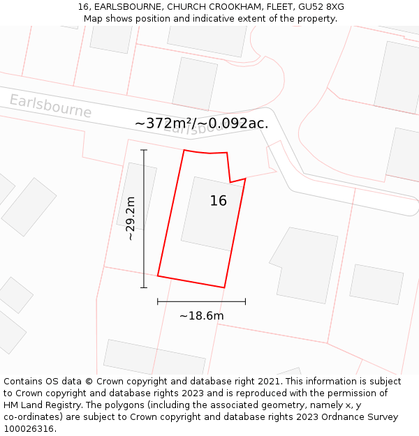 16, EARLSBOURNE, CHURCH CROOKHAM, FLEET, GU52 8XG: Plot and title map