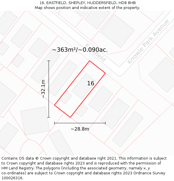 16, EASTFIELD, SHEPLEY, HUDDERSFIELD, HD8 8HB: Plot and title map