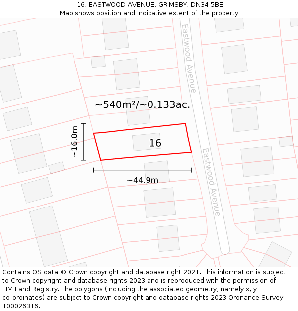 16, EASTWOOD AVENUE, GRIMSBY, DN34 5BE: Plot and title map