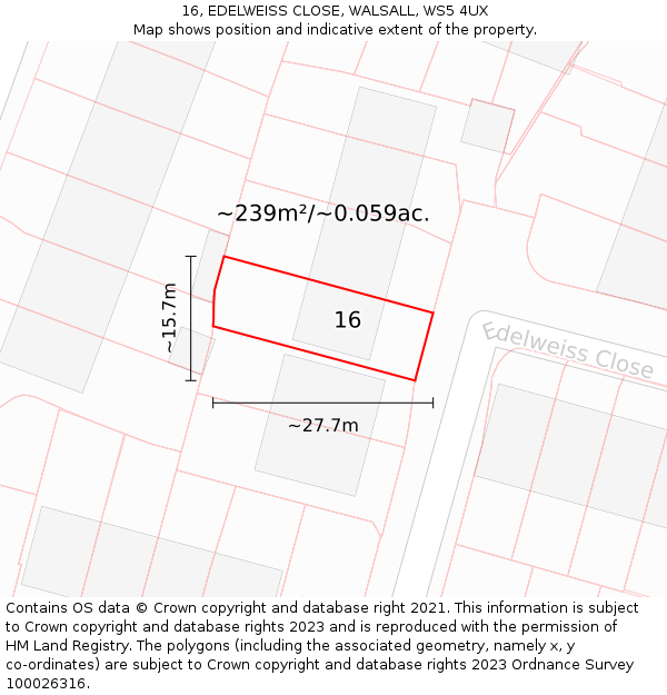 16, EDELWEISS CLOSE, WALSALL, WS5 4UX: Plot and title map