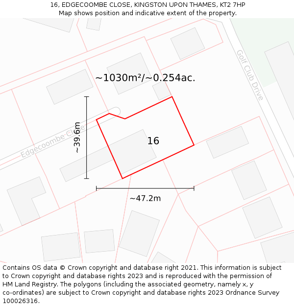 16, EDGECOOMBE CLOSE, KINGSTON UPON THAMES, KT2 7HP: Plot and title map