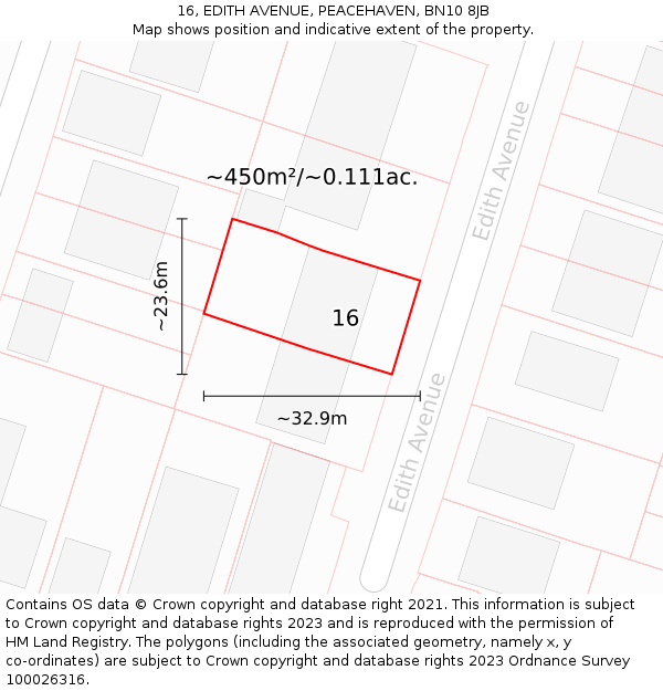 16, EDITH AVENUE, PEACEHAVEN, BN10 8JB: Plot and title map