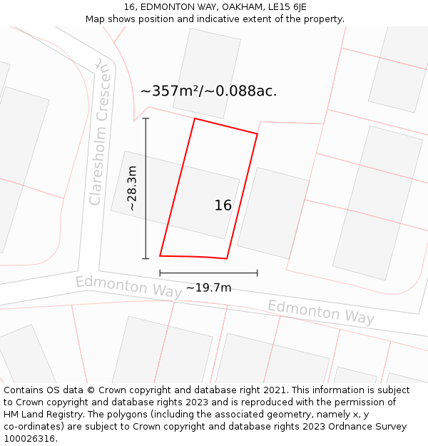 16, EDMONTON WAY, OAKHAM, LE15 6JE: Plot and title map