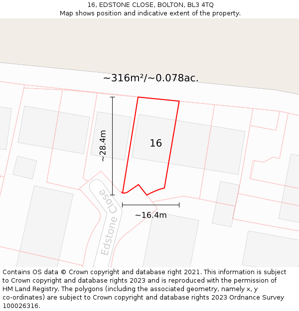 16, EDSTONE CLOSE, BOLTON, BL3 4TQ: Plot and title map