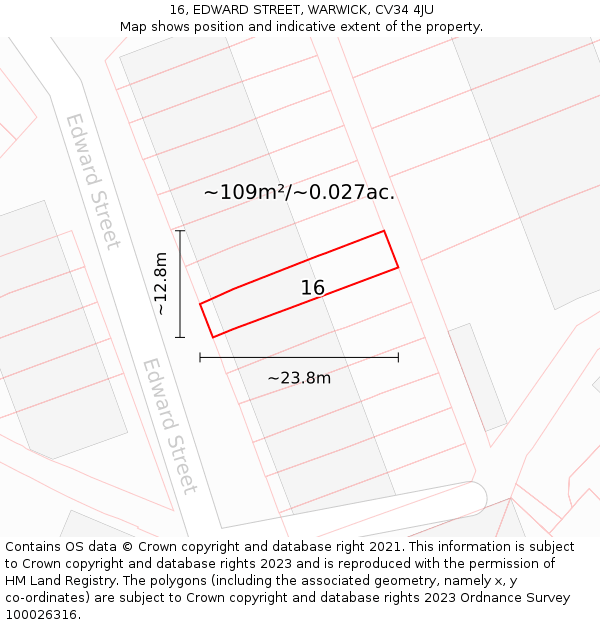 16, EDWARD STREET, WARWICK, CV34 4JU: Plot and title map