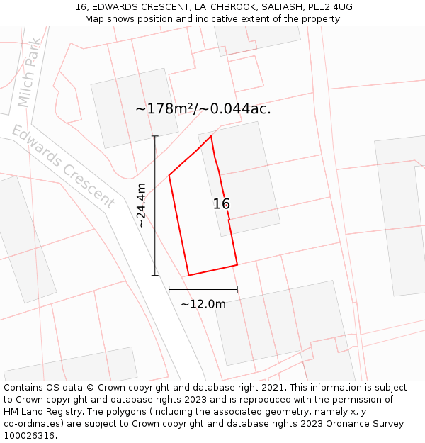 16, EDWARDS CRESCENT, LATCHBROOK, SALTASH, PL12 4UG: Plot and title map