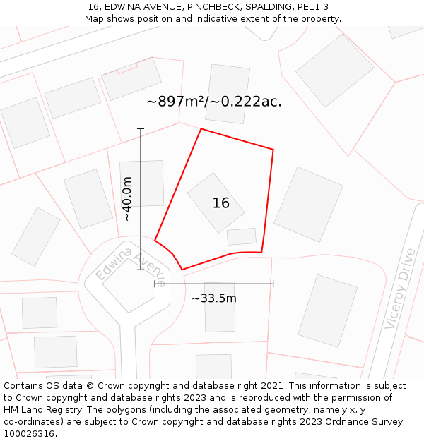 16, EDWINA AVENUE, PINCHBECK, SPALDING, PE11 3TT: Plot and title map