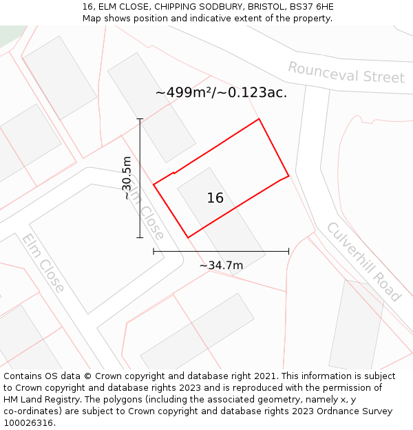16, ELM CLOSE, CHIPPING SODBURY, BRISTOL, BS37 6HE: Plot and title map