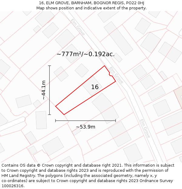 16, ELM GROVE, BARNHAM, BOGNOR REGIS, PO22 0HJ: Plot and title map