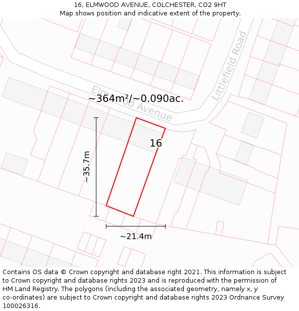 16, ELMWOOD AVENUE, COLCHESTER, CO2 9HT: Plot and title map