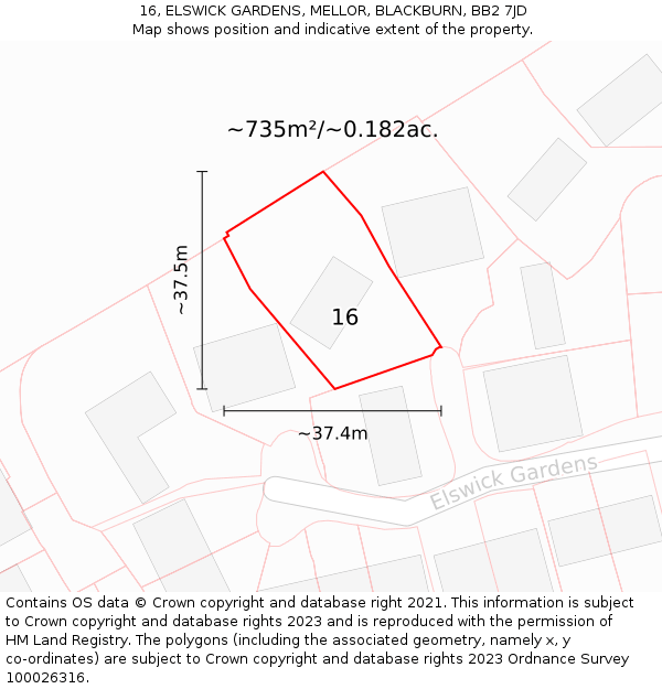 16, ELSWICK GARDENS, MELLOR, BLACKBURN, BB2 7JD: Plot and title map