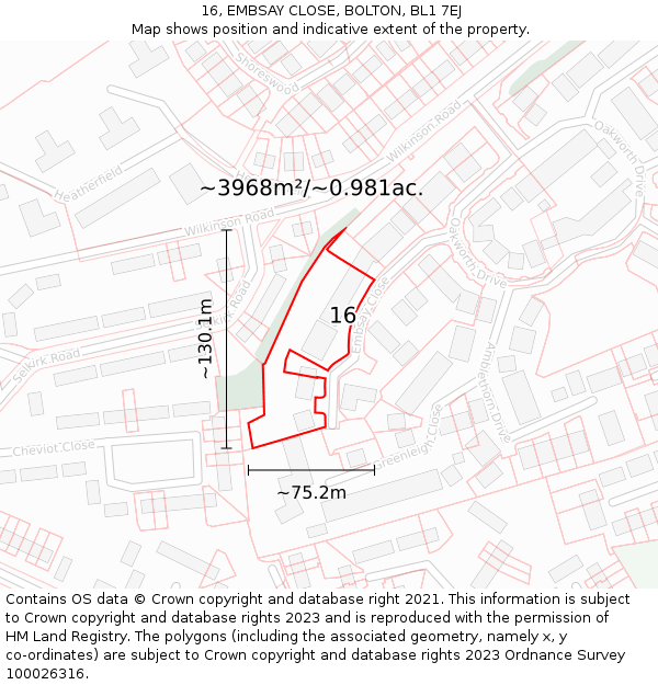 16, EMBSAY CLOSE, BOLTON, BL1 7EJ: Plot and title map