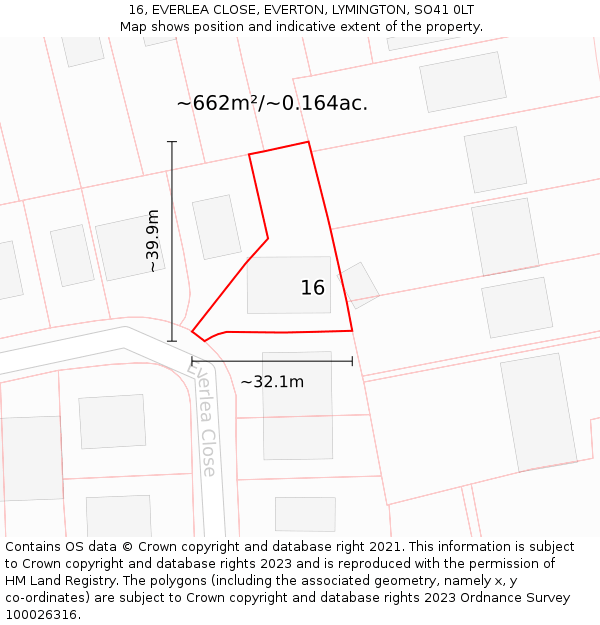 16, EVERLEA CLOSE, EVERTON, LYMINGTON, SO41 0LT: Plot and title map