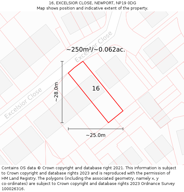 16, EXCELSIOR CLOSE, NEWPORT, NP19 0DG: Plot and title map