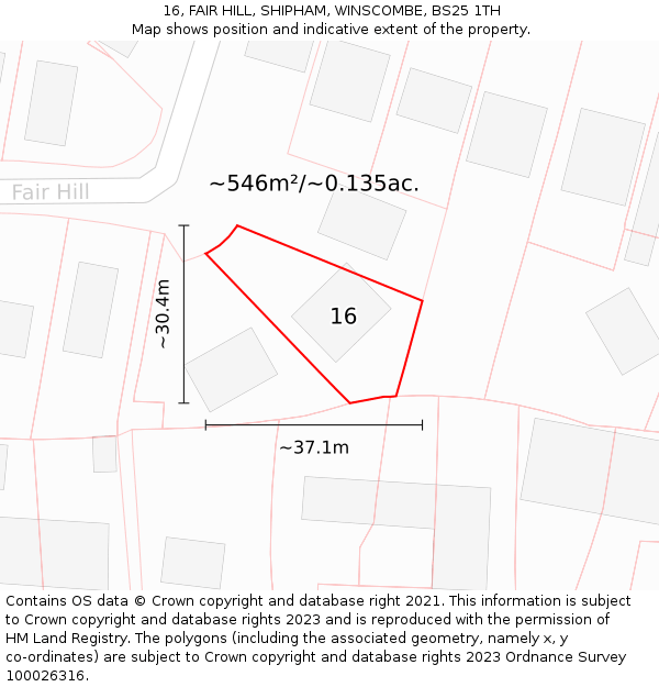16, FAIR HILL, SHIPHAM, WINSCOMBE, BS25 1TH: Plot and title map