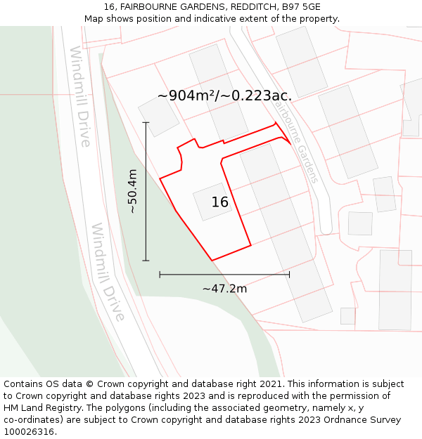 16, FAIRBOURNE GARDENS, REDDITCH, B97 5GE: Plot and title map