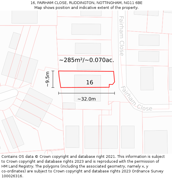 16, FAIRHAM CLOSE, RUDDINGTON, NOTTINGHAM, NG11 6BE: Plot and title map