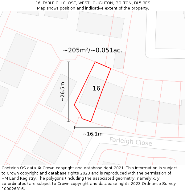 16, FARLEIGH CLOSE, WESTHOUGHTON, BOLTON, BL5 3ES: Plot and title map