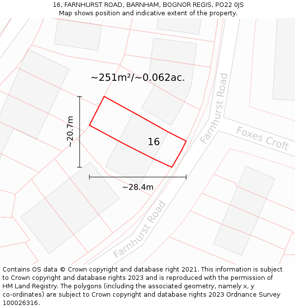 16, FARNHURST ROAD, BARNHAM, BOGNOR REGIS, PO22 0JS: Plot and title map