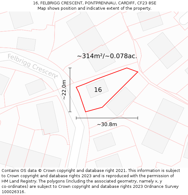 16, FELBRIGG CRESCENT, PONTPRENNAU, CARDIFF, CF23 8SE: Plot and title map