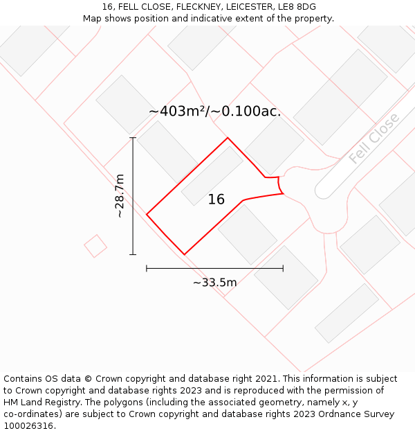 16, FELL CLOSE, FLECKNEY, LEICESTER, LE8 8DG: Plot and title map