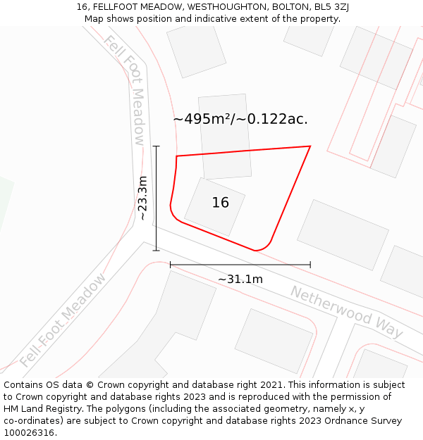 16, FELLFOOT MEADOW, WESTHOUGHTON, BOLTON, BL5 3ZJ: Plot and title map
