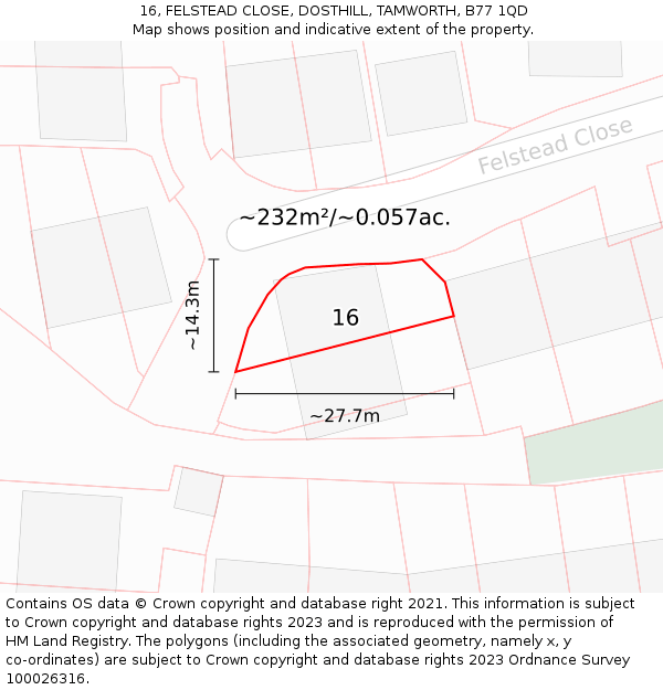 16, FELSTEAD CLOSE, DOSTHILL, TAMWORTH, B77 1QD: Plot and title map