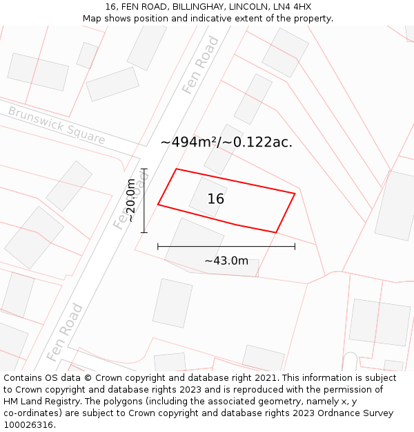 16, FEN ROAD, BILLINGHAY, LINCOLN, LN4 4HX: Plot and title map