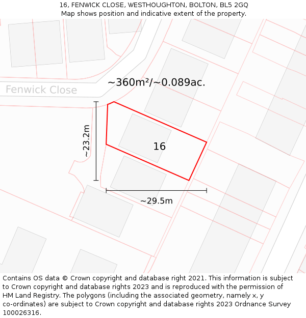 16, FENWICK CLOSE, WESTHOUGHTON, BOLTON, BL5 2GQ: Plot and title map