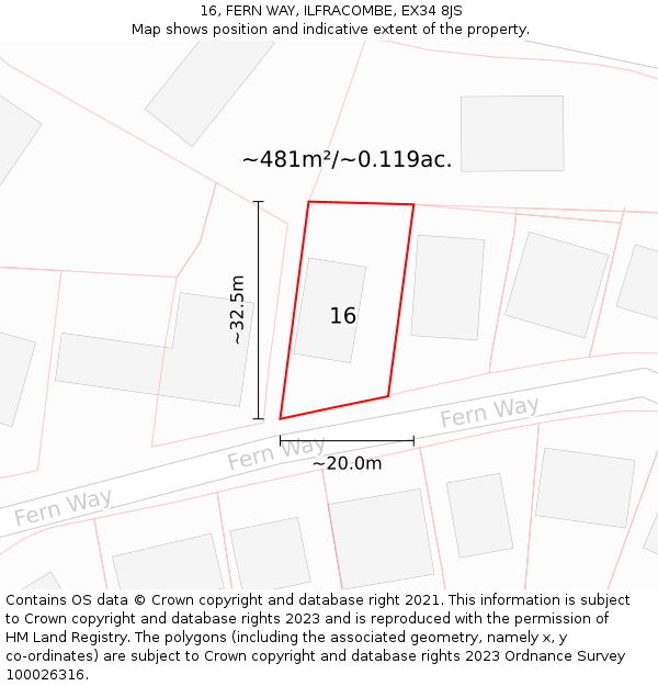 16, FERN WAY, ILFRACOMBE, EX34 8JS: Plot and title map