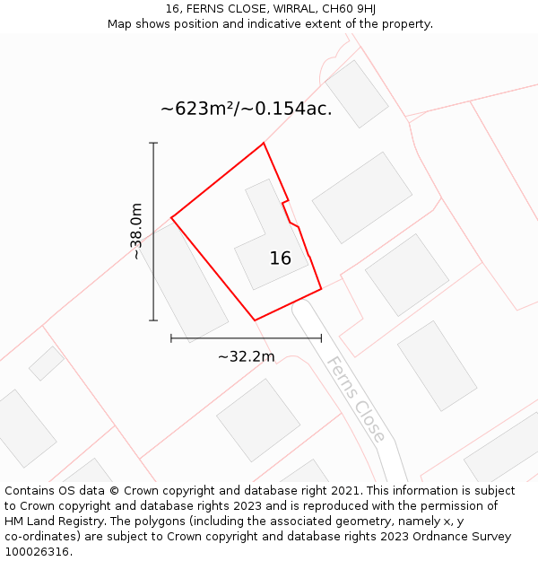 16, FERNS CLOSE, WIRRAL, CH60 9HJ: Plot and title map