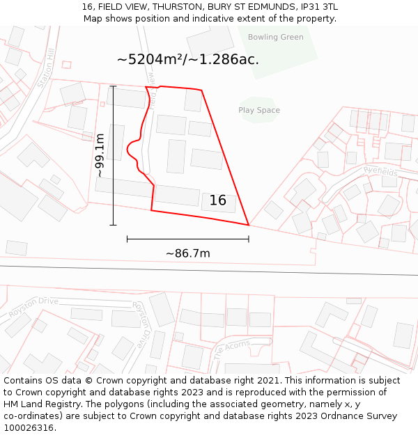 16, FIELD VIEW, THURSTON, BURY ST EDMUNDS, IP31 3TL: Plot and title map