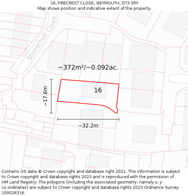 16, FIRECREST CLOSE, WEYMOUTH, DT3 5RY: Plot and title map