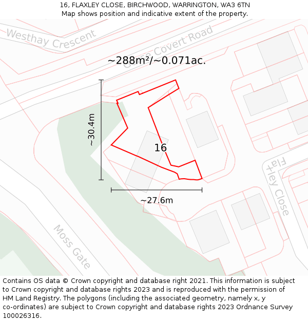 16, FLAXLEY CLOSE, BIRCHWOOD, WARRINGTON, WA3 6TN: Plot and title map