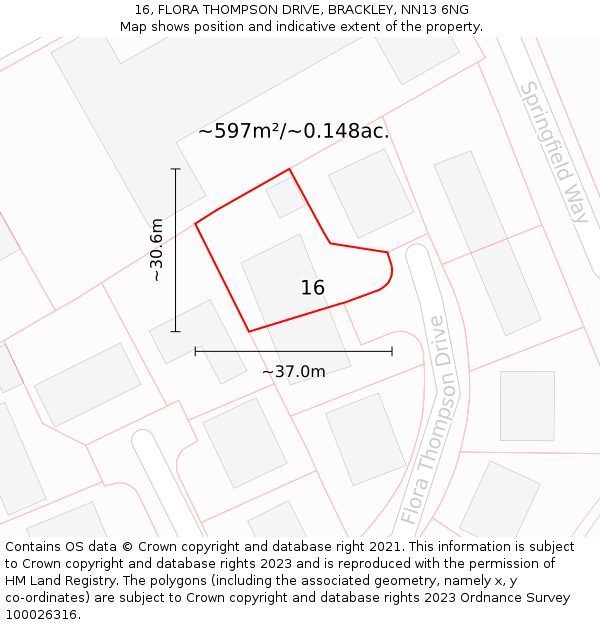 16, FLORA THOMPSON DRIVE, BRACKLEY, NN13 6NG: Plot and title map