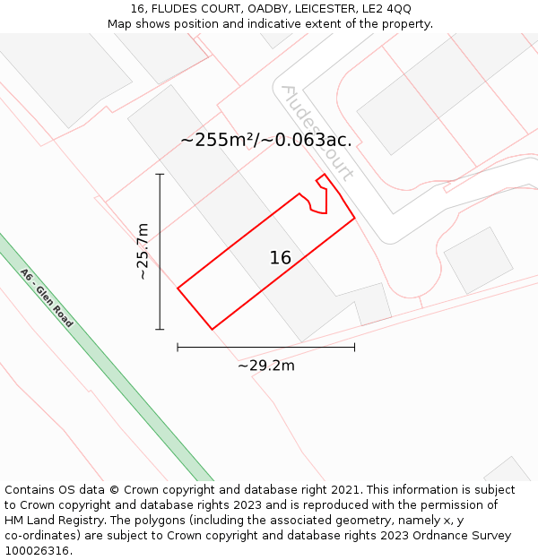 16, FLUDES COURT, OADBY, LEICESTER, LE2 4QQ: Plot and title map